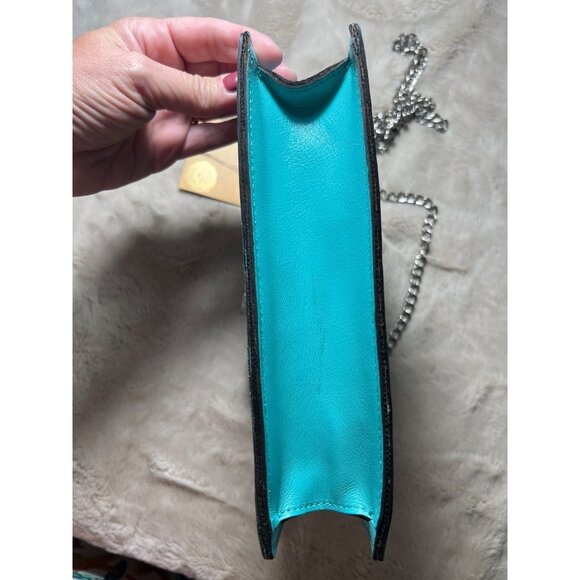 Patricia Nash Aqua Leather Rose Tooled Crossbody Bag With Chain Strap & Tassel - Picture 11 of 16